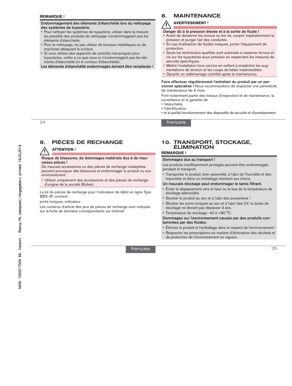 Maintenance, Pièces de rechange, Transport, stockage, élimination | Burkert Type BBS-3F User Manual | Page 12 / 12