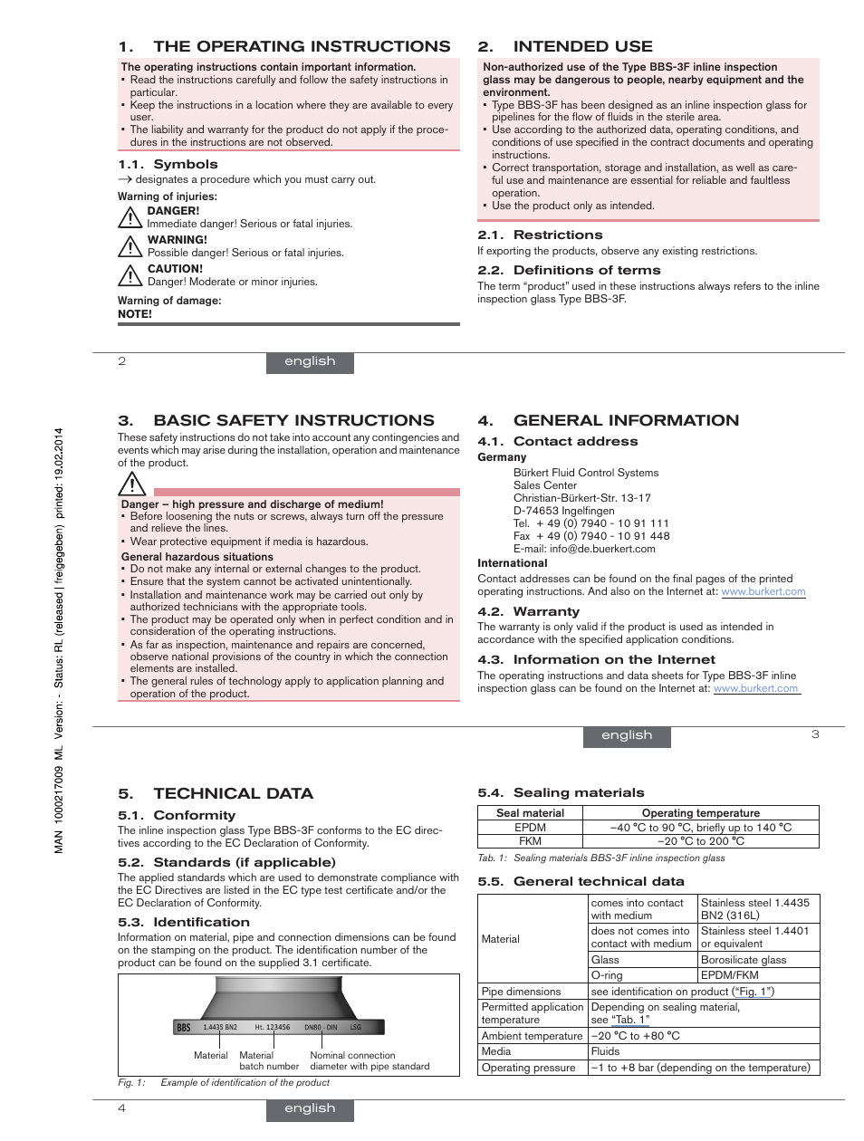 The operating instructions, Intended use, General information | Basic safety instructions, Technical data | Burkert Type BBS-3F User Manual | Page 2 / 12