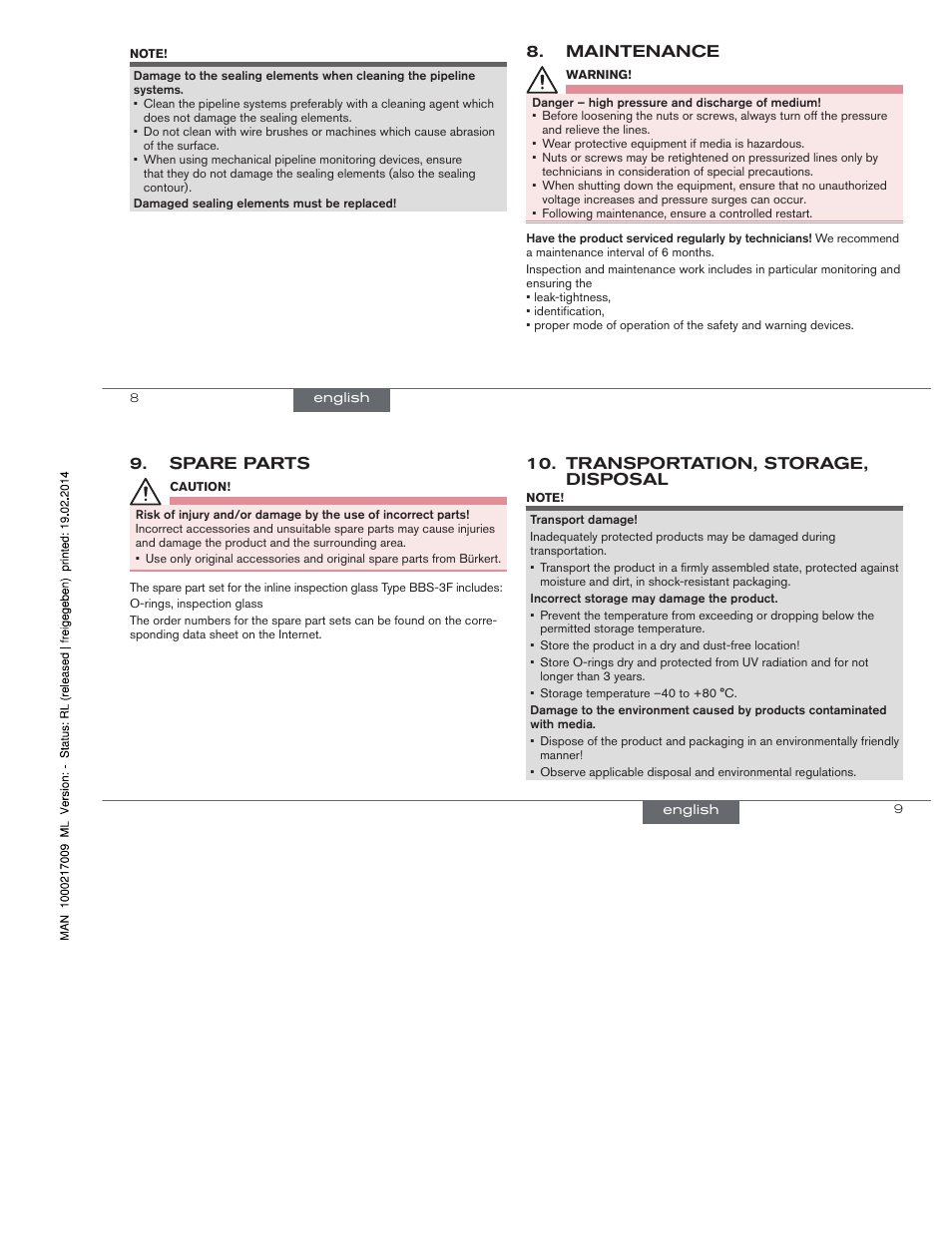 Maintenance, Spare parts, Transportation, storage, disposal | Burkert Type BBS-3F User Manual | Page 4 / 12