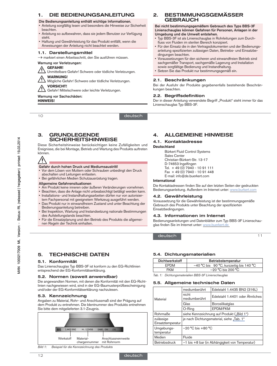 Die bedienungsanleitung, Bestimmungsgemässer gebrauch, Allgemeine hinweise | Grundlegende sicherheitshinweise, Technische daten | Burkert Type BBS-3F User Manual | Page 6 / 12