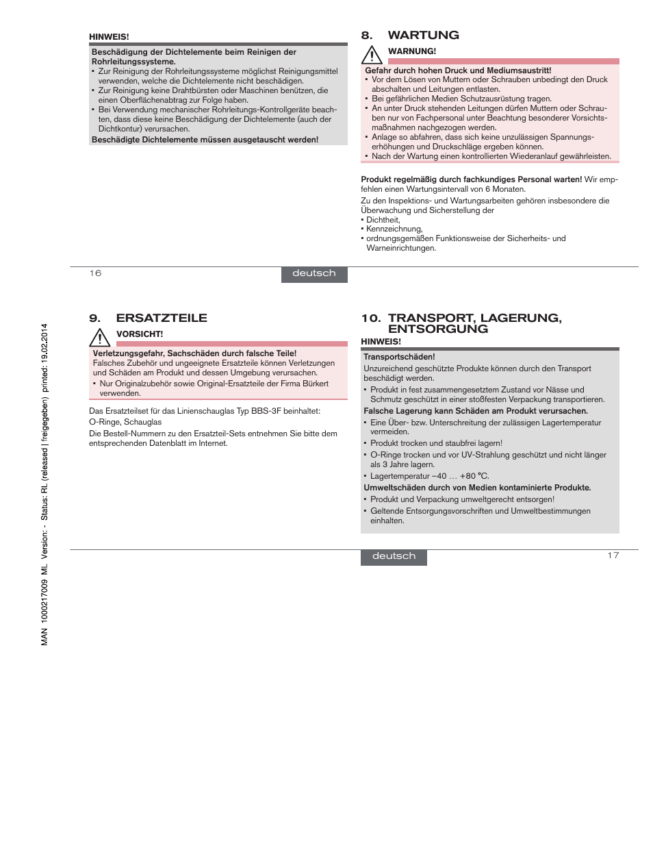 Wartung, Ersatzteile, Transport, lagerung, entsorgung | Burkert Type BBS-3F User Manual | Page 8 / 12