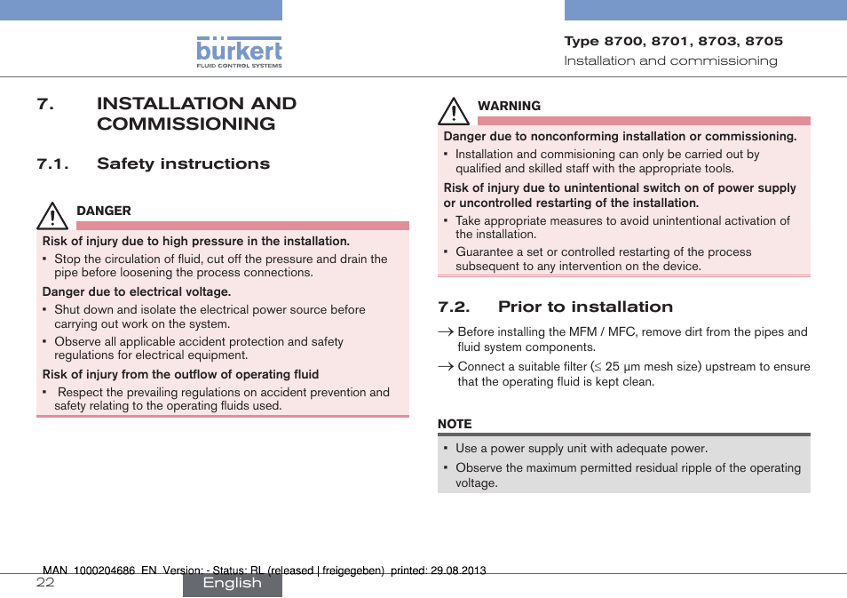 Installation and commissioning, Safety instructions, Prior to installation | Burkert Type 8715 User Manual | Page 22 / 52