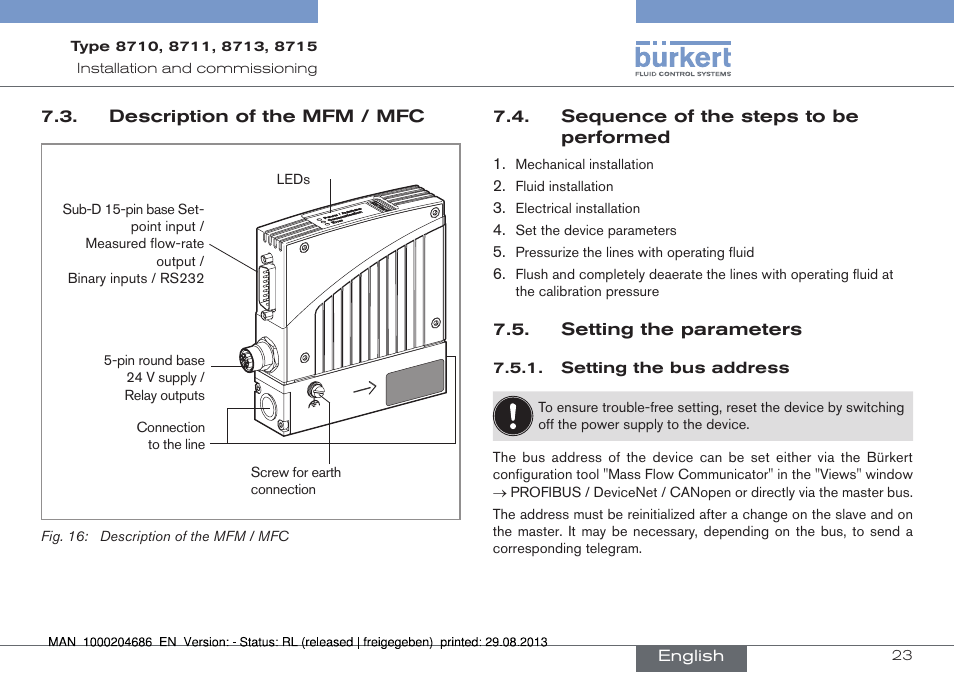 Description of the mfm / mfc, Sequence of the steps to be performed, Setting the parameters | Burkert Type 8715 User Manual | Page 23 / 52