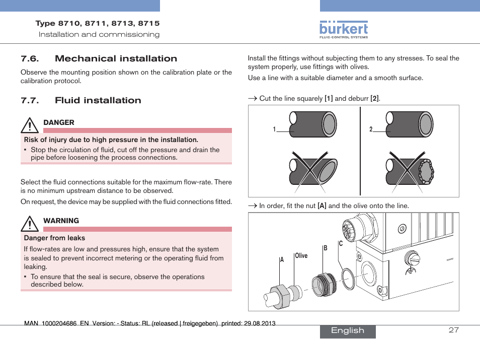 Mechanical installation, Fluid installation | Burkert Type 8715 User Manual | Page 27 / 52