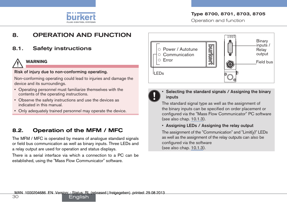 Operation and function, Safety instructions, Operation of the mfm / mfc | Burkert Type 8715 User Manual | Page 30 / 52