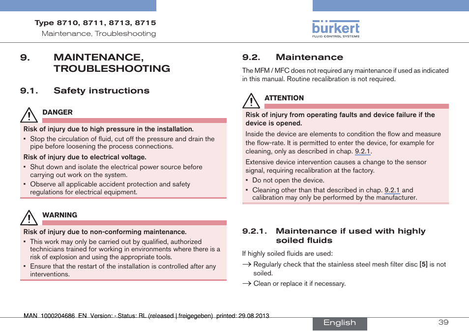 Maintenance, troubleshooting, Safety instructions, Maintenance | Burkert Type 8715 User Manual | Page 39 / 52
