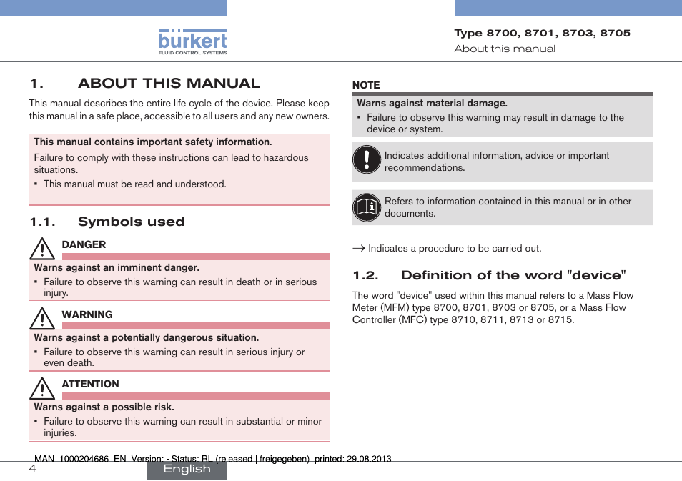 About this manual, Symbols used, Definition of the word "device | Burkert Type 8715 User Manual | Page 4 / 52
