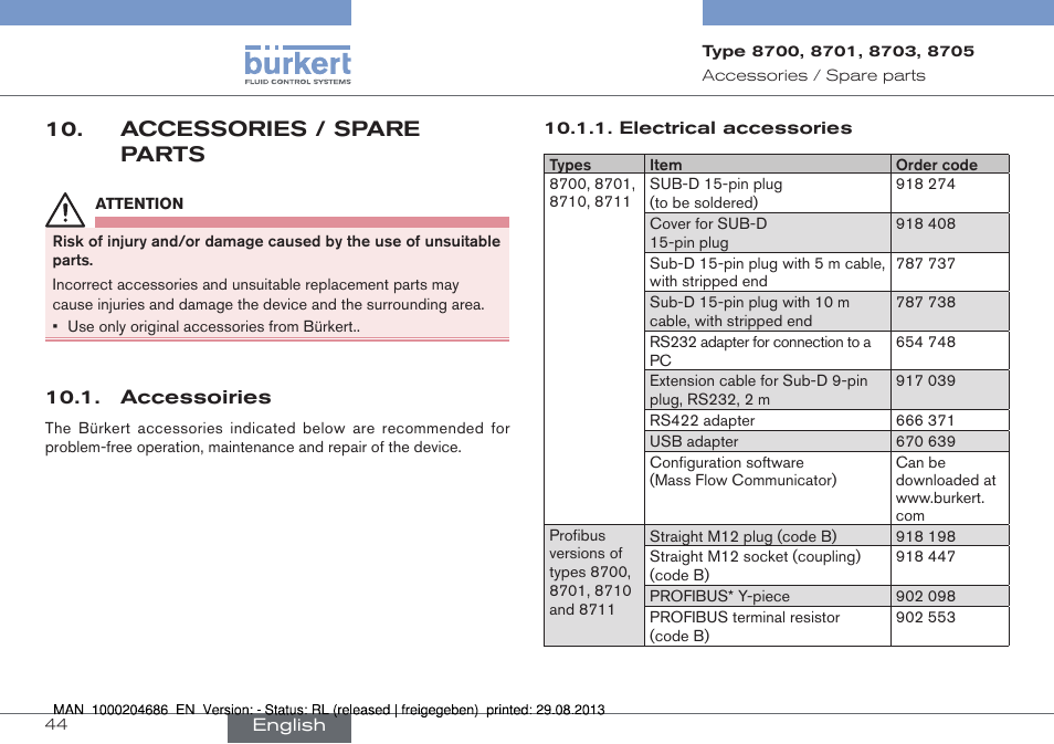 Accessories / spare parts, Accessoiries | Burkert Type 8715 User Manual | Page 44 / 52