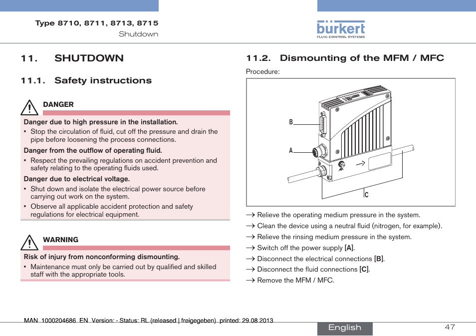 Shutdown, Safety instructions, Dismounting of the mfm / mfc | Burkert Type 8715 User Manual | Page 47 / 52