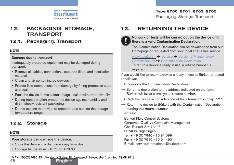 Packaging, storage, transport, Packaging, transport, Storage | Returning the device | Burkert Type 8715 User Manual | Page 48 / 52