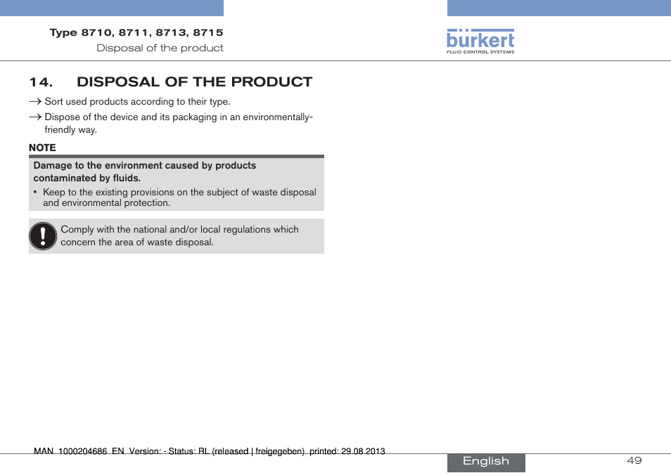 Disposal of the product | Burkert Type 8715 User Manual | Page 49 / 52