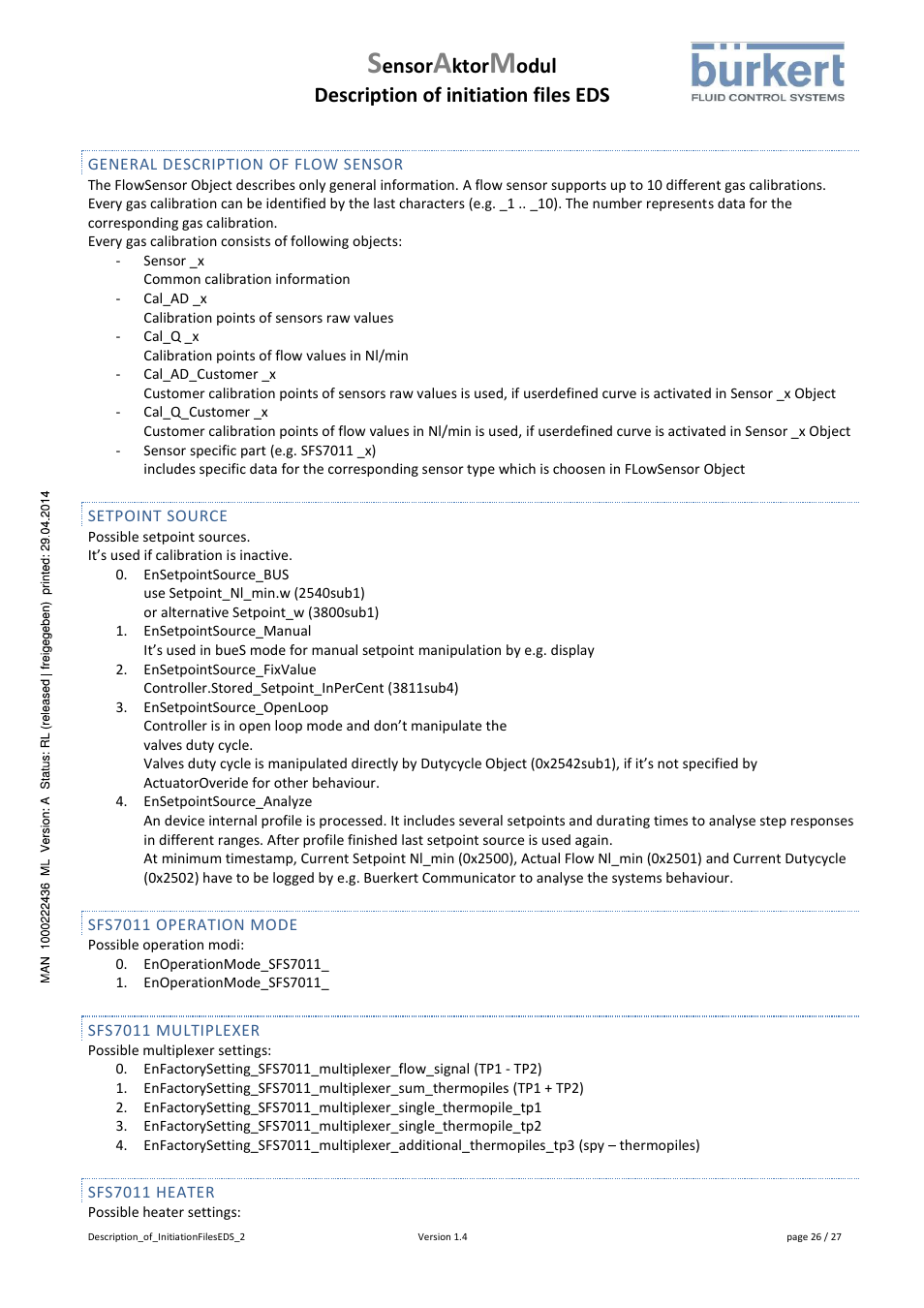 T: general description of flow sensor, Sfs7011 operation mode, Sfs7011 heatersfs7011 multiplexer | Sfs7011 heater, Ensor, Ktor, Odul description of initiation files eds | Burkert Type 8746 User Manual | Page 28 / 30