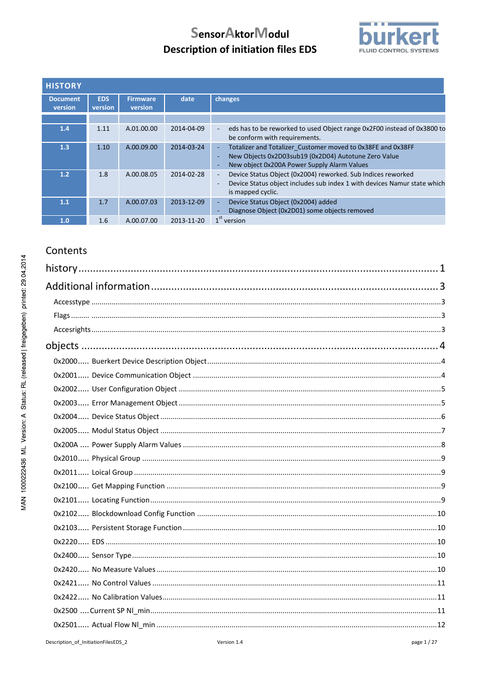 Ensor, Ktor, Odul description of initiation files eds | Contents history, Additional information, Objects | Burkert Type 8746 User Manual | Page 3 / 30
