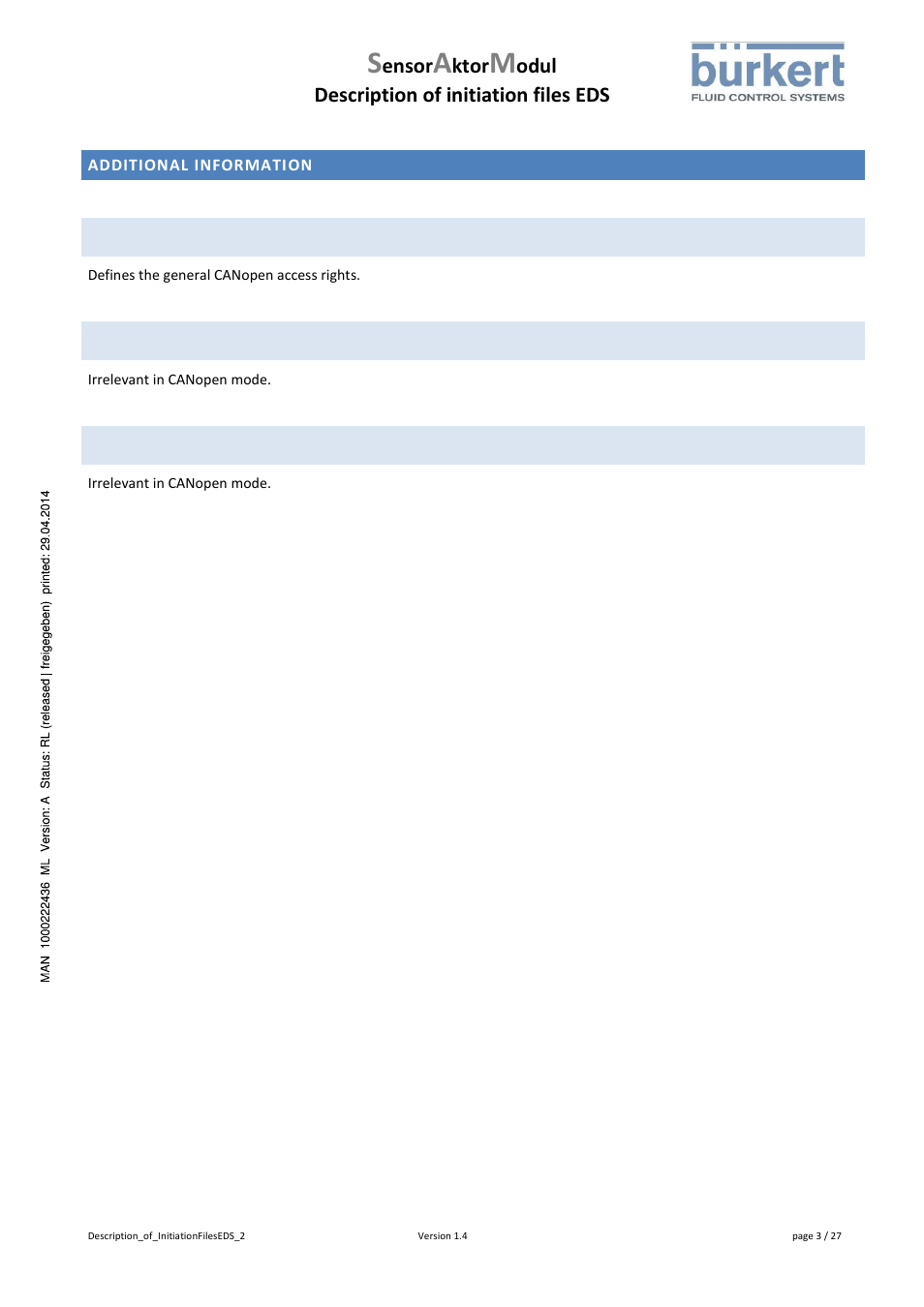 Additional information, Accesstype, Flags | Accesrights, Ensor, Ktor, Odul description of initiation files eds | Burkert Type 8746 User Manual | Page 5 / 30