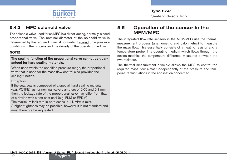 5 operation of the sensor in the mfm/mfc | Burkert Type 8741 User Manual | Page 12 / 42