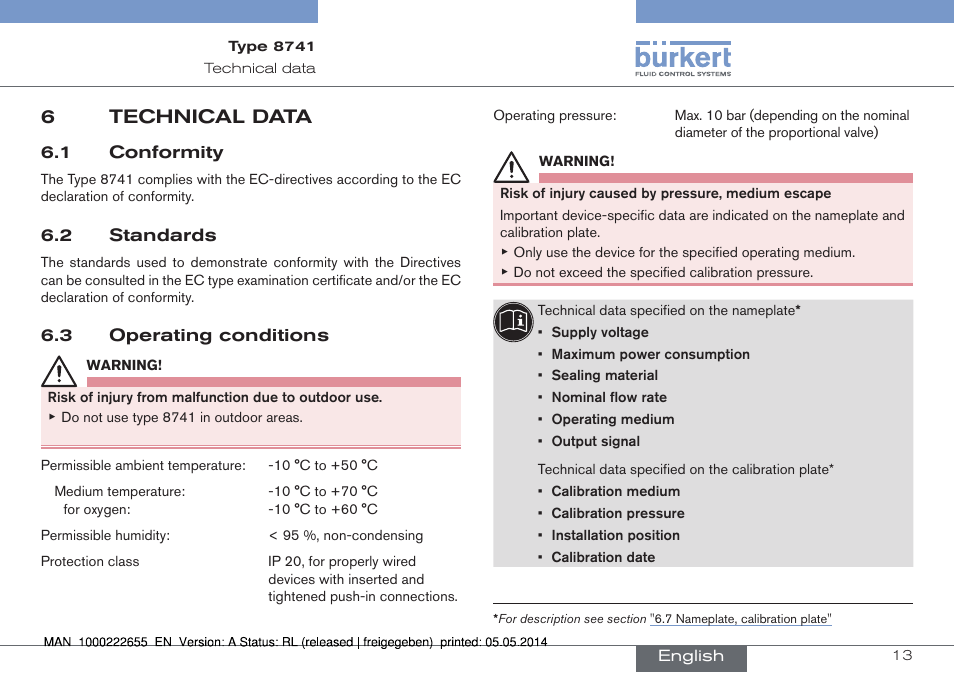 6 technical data, 1 conformity, 2 standards | 3 operating conditions, 6technical data | Burkert Type 8741 User Manual | Page 13 / 42