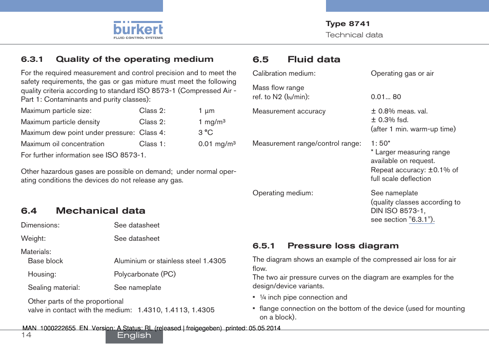 4 mechanical data, 5 fluid data, 4 mechanical data 6.5 fluid data | Burkert Type 8741 User Manual | Page 14 / 42