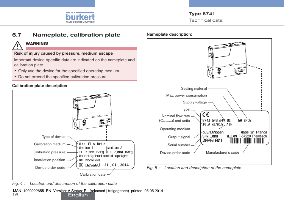 7 nameplate, calibration plate | Burkert Type 8741 User Manual | Page 16 / 42