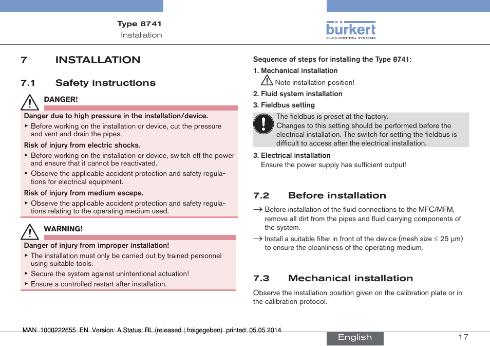 7 installation, 1 safety instructions, 2 before installation | 3 mechanical installation, 7installation | Burkert Type 8741 User Manual | Page 17 / 42