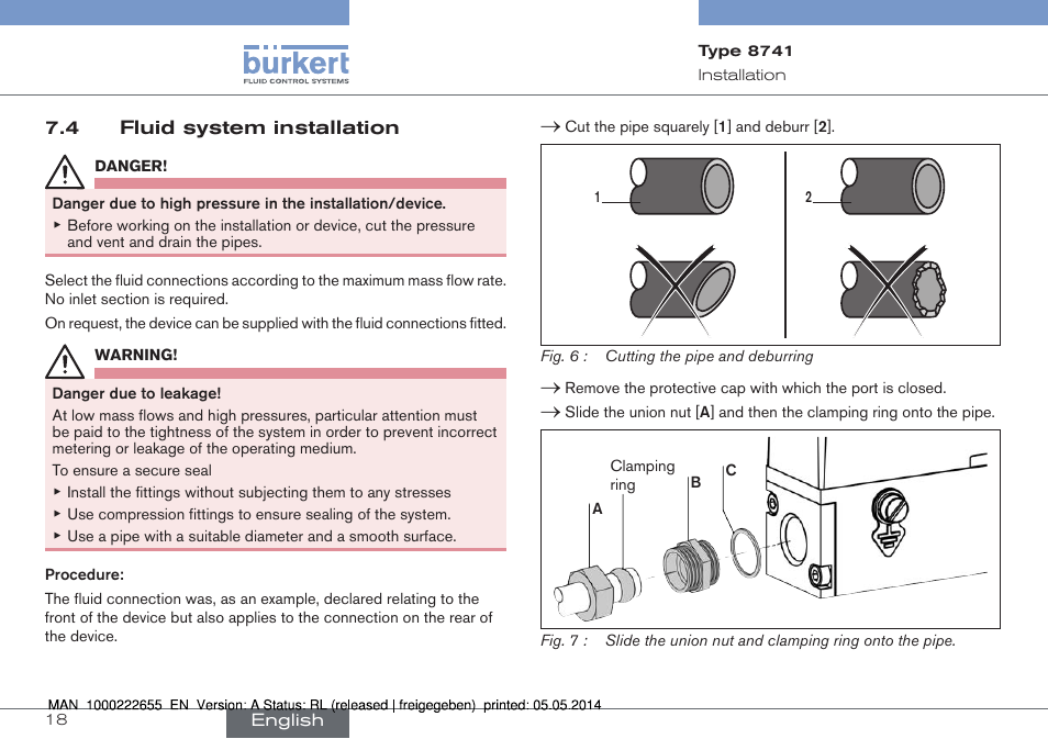 4 fluid system installation | Burkert Type 8741 User Manual | Page 18 / 42