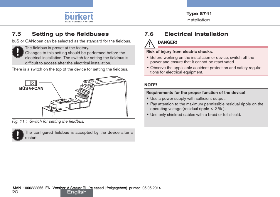 5 setting up the fieldbuses, 6 electrical installation | Burkert Type 8741 User Manual | Page 20 / 42