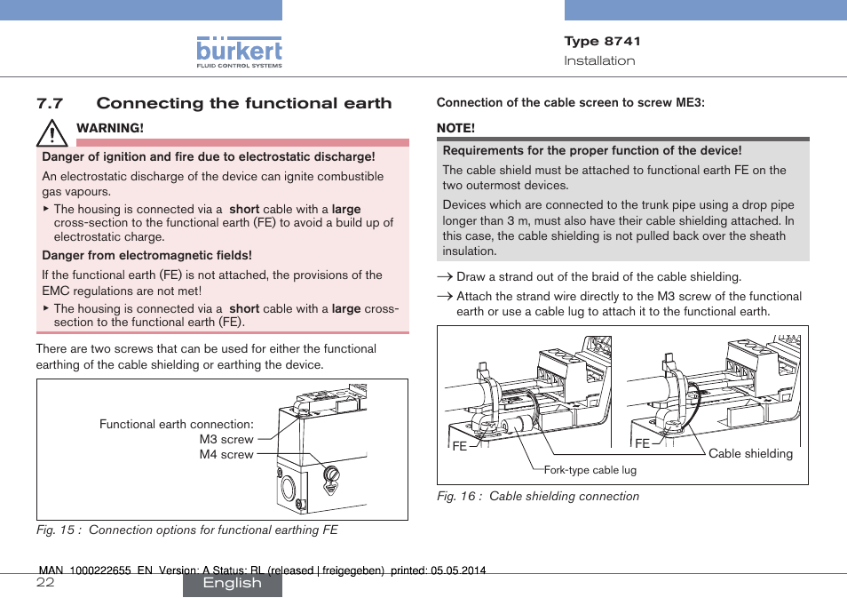 7 connecting the functional earth | Burkert Type 8741 User Manual | Page 22 / 42