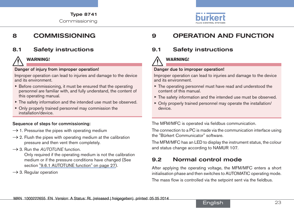 8 commissioning, 1 safety instructions, 9 operation and function | 2 normal control mode, 1 safety instructions 9.2 normal control mode, 8commissioning, 9operation and function | Burkert Type 8741 User Manual | Page 23 / 42