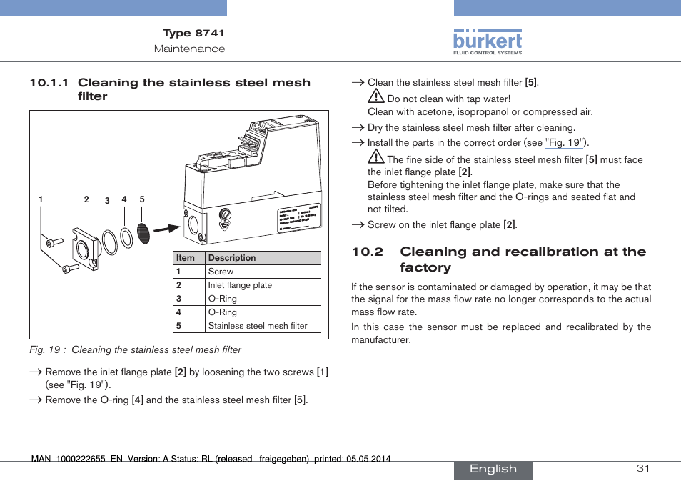2 cleaning and recalibration at the factory | Burkert Type 8741 User Manual | Page 31 / 42