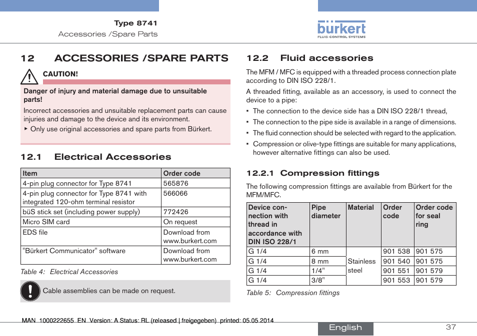 12 accessories /spare parts, 1 electrical accessories, 2 fluid accessories | 1 electrical accessories 12.2 fluid accessories | Burkert Type 8741 User Manual | Page 37 / 42