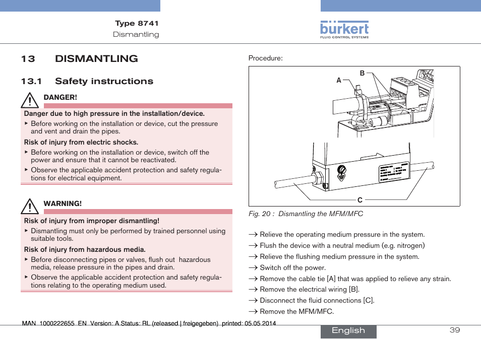 13 dismantling, 1 safety instructions | Burkert Type 8741 User Manual | Page 39 / 42