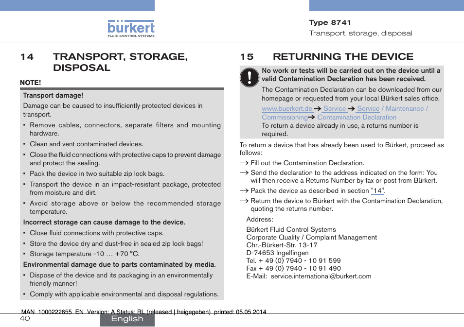 14 transport, storage, disposal, 15 returning the device | Burkert Type 8741 User Manual | Page 40 / 42