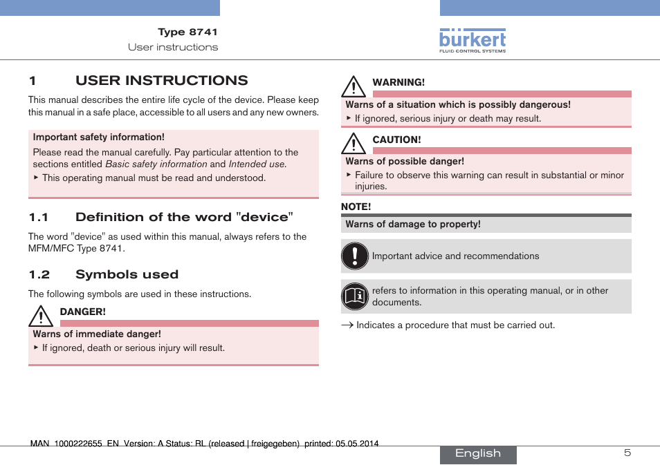 1 user instructions, 1 definition of the word "device, 2 symbols used | 1 definition of the word "device" 1.2 symbols used, 1user instructions | Burkert Type 8741 User Manual | Page 5 / 42