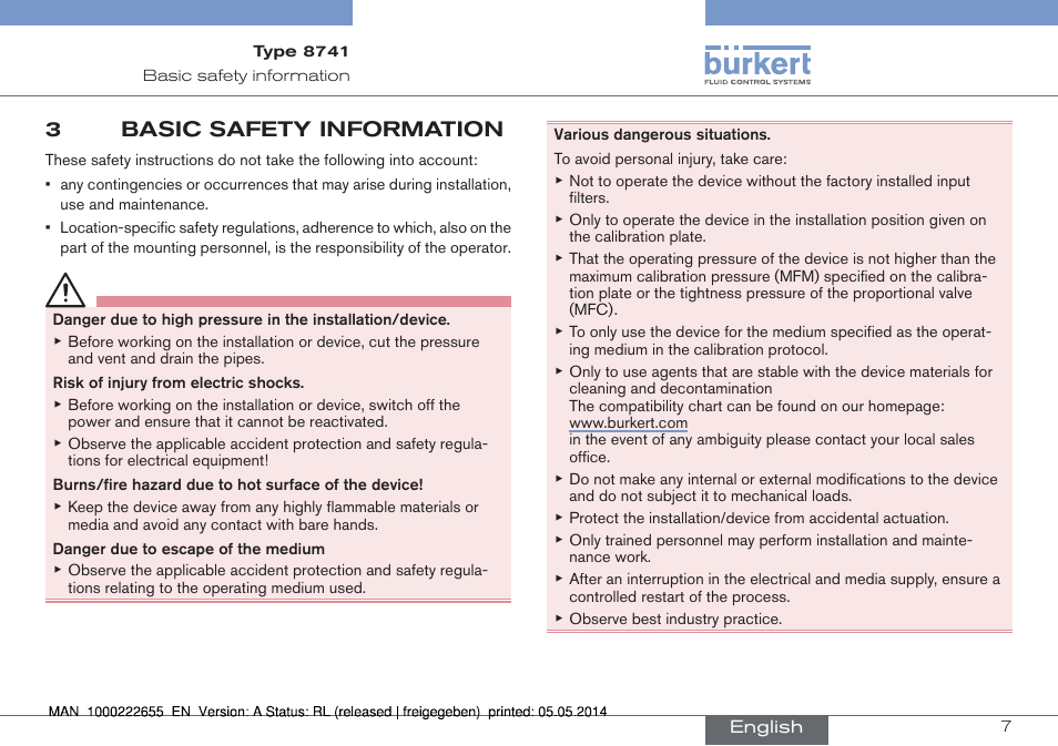 3 basic safety information, 3basic safety information | Burkert Type 8741 User Manual | Page 7 / 42
