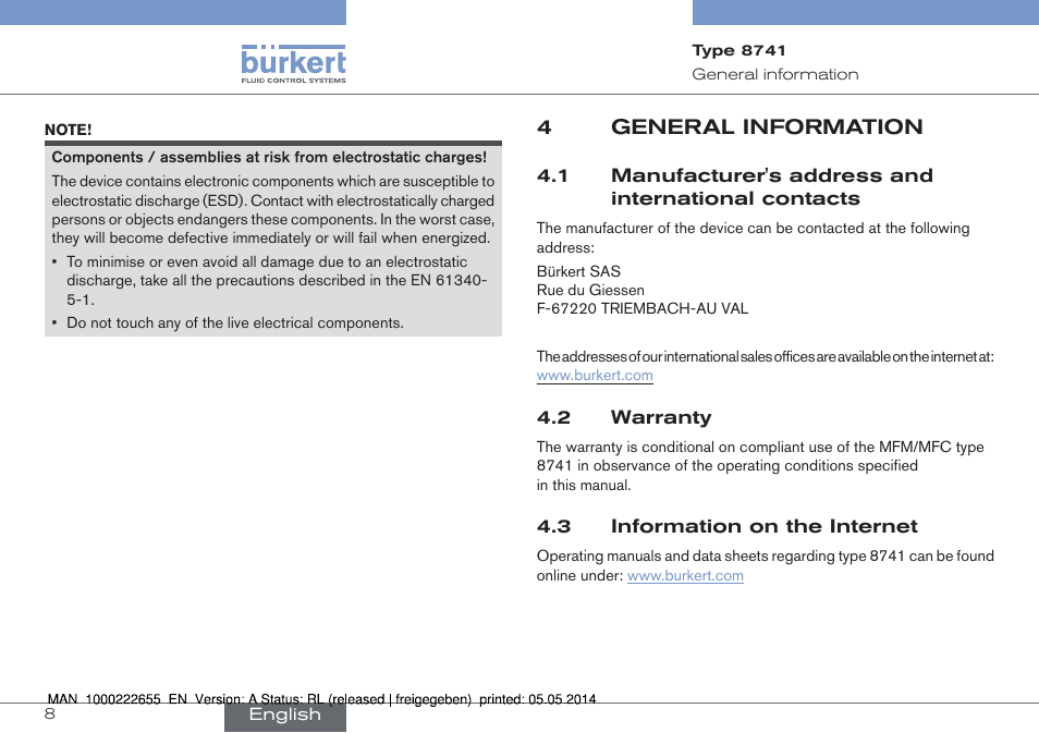 4 general information, 2 warranty, 3 information on the internet | 4general information | Burkert Type 8741 User Manual | Page 8 / 42