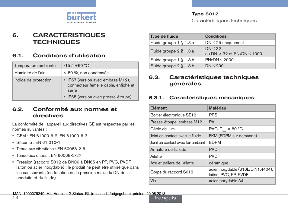 Caractéristiques techniques, Conditions d‘utilisation, Conformité aux normes et directives | Caractéristiques techniques générales, Caractéristiques mécaniques | Burkert Type 8012 User Manual | Page 102 / 136