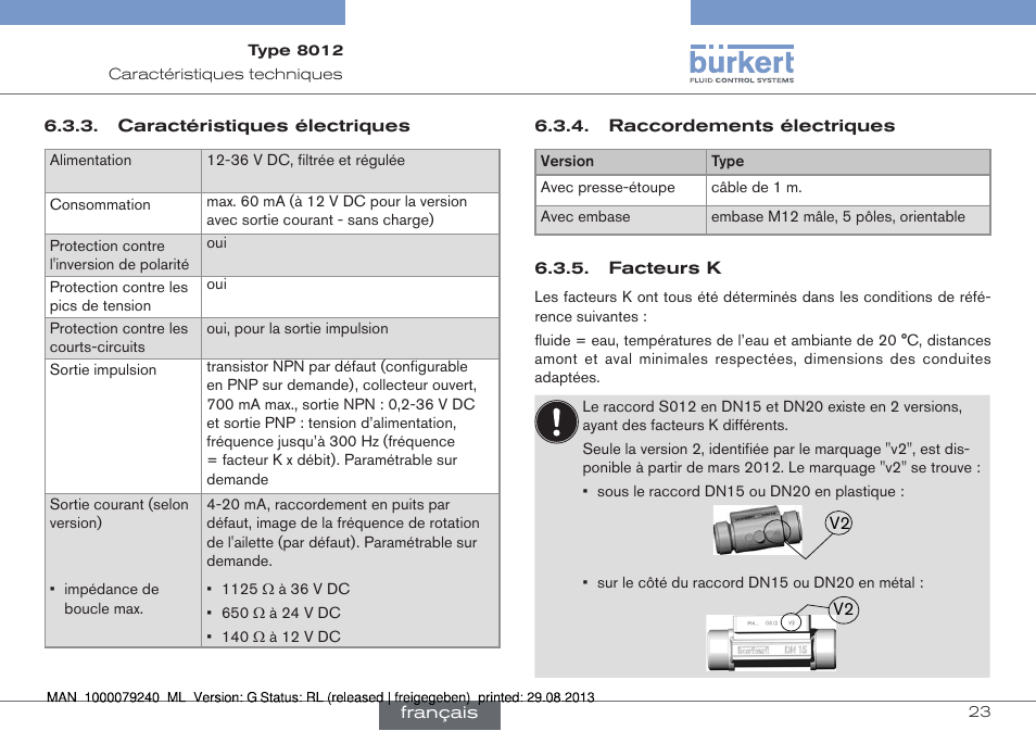 Caractéristiques électriques, Raccordements électriques, Facteurs k | Burkert Type 8012 User Manual | Page 111 / 136