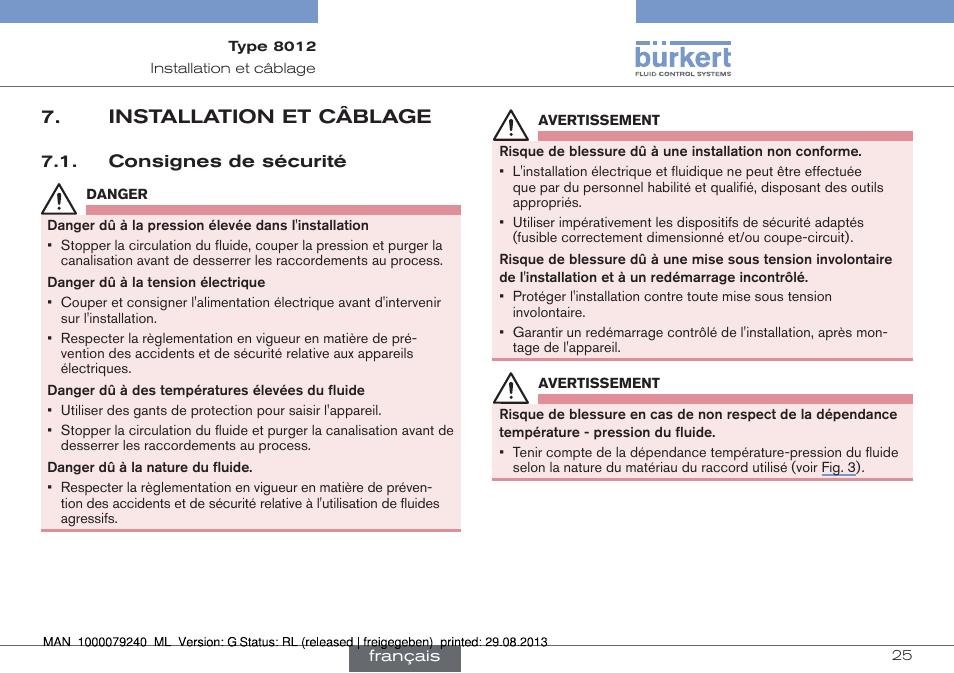 Installation et câblage, Consignes de sécurité | Burkert Type 8012 User Manual | Page 113 / 136