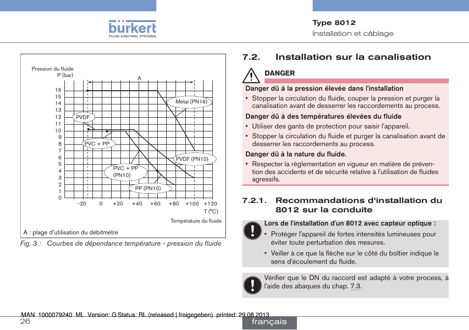 Installation sur la canalisation, Recommandations d‘installation du 8012 sur la, Conduite | Burkert Type 8012 User Manual | Page 114 / 136