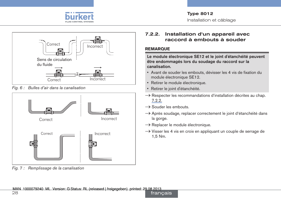 Installation d‘un appareil avec raccord à, Embouts à souder, Fig. 6) | Fig. 7) | Burkert Type 8012 User Manual | Page 116 / 136