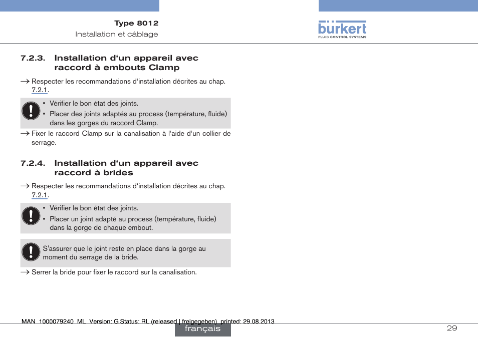 Installation d‘un appareil avec raccord à brides, Installation d‘un appareil avec raccord à, Embouts clamp | Burkert Type 8012 User Manual | Page 117 / 136
