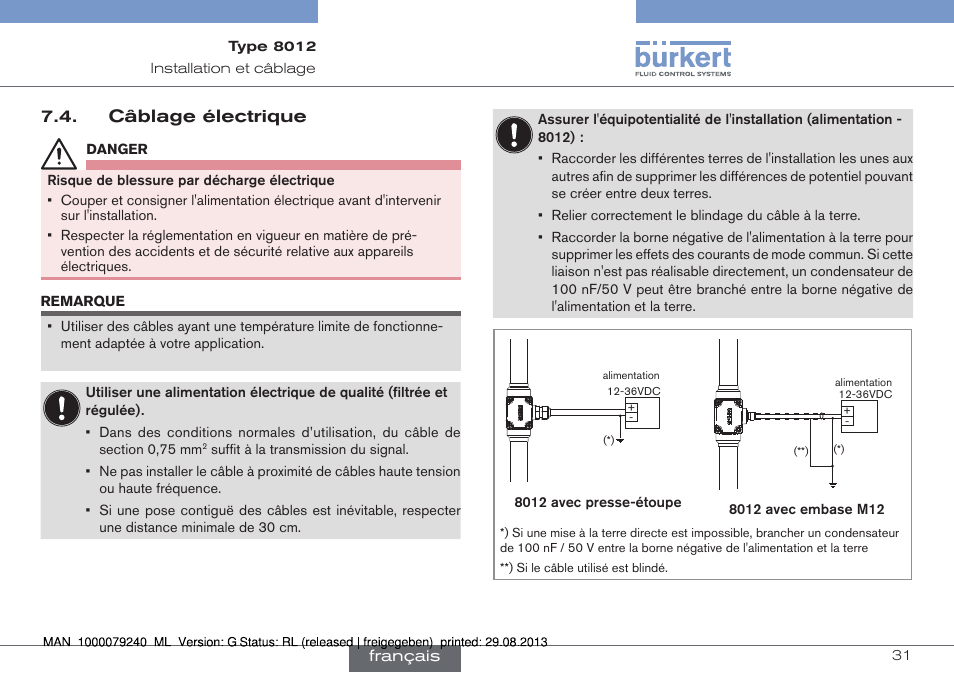 Câblage électrique | Burkert Type 8012 User Manual | Page 119 / 136