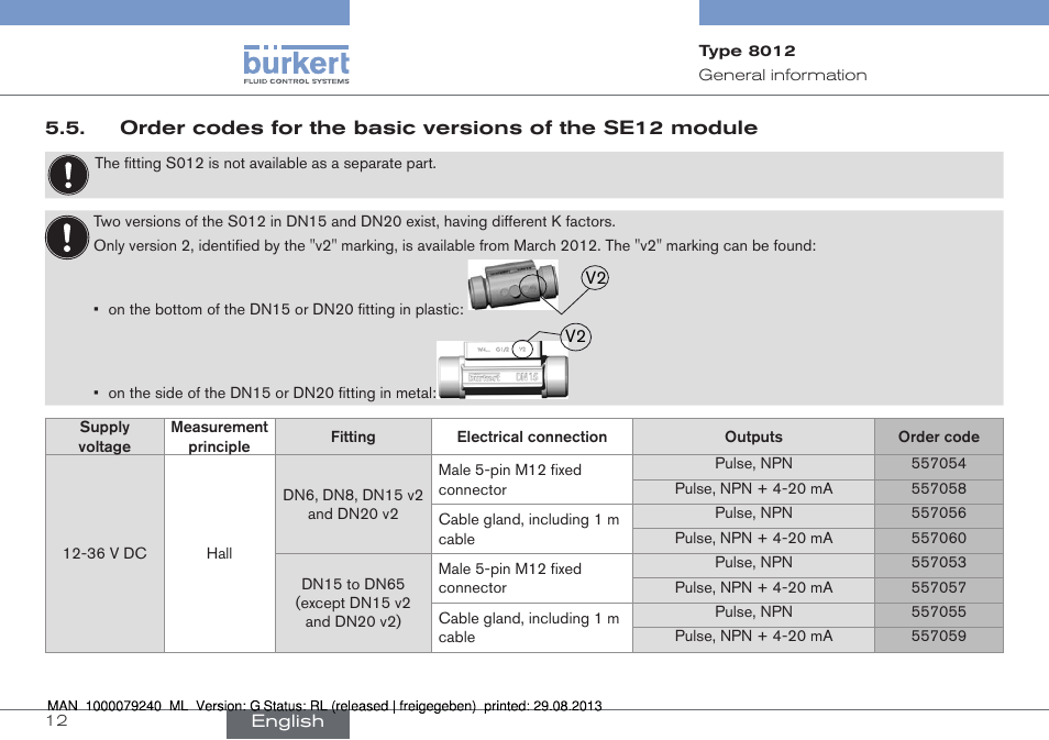 Order codes for the basic versions of the se12, Module | Burkert Type 8012 User Manual | Page 12 / 136