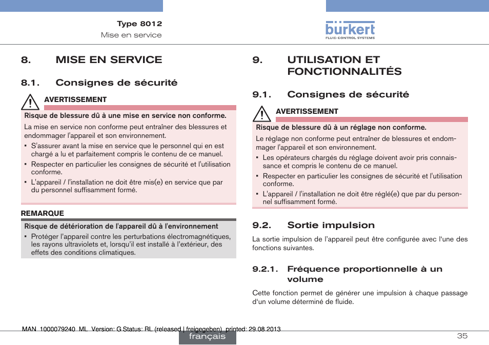 Mise en service, Consignes de sécurité, Utilisation et fonctionnalités | Sortie impulsion, Fréquence proportionnelle à un volume | Burkert Type 8012 User Manual | Page 123 / 136