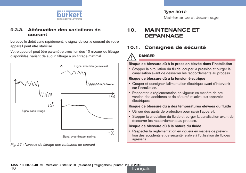 Atténuation des variations de courant, Maintenance et depannage, Consignes de sécurité | Burkert Type 8012 User Manual | Page 128 / 136