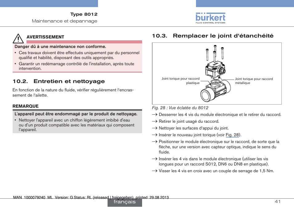 Entretien et nettoyage, Remplacer le joint d‘étanchéité | Burkert Type 8012 User Manual | Page 129 / 136