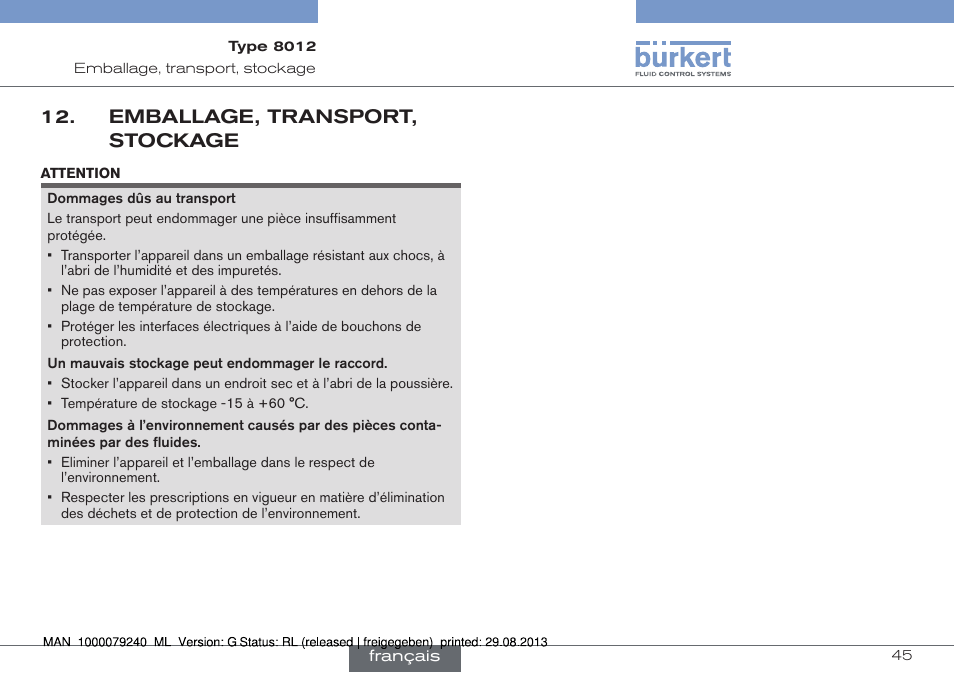 Emballage, transport, stockage | Burkert Type 8012 User Manual | Page 133 / 136