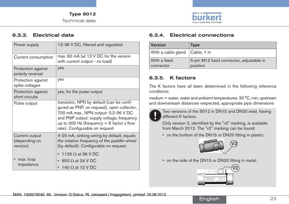 Electrical data, Electrical connections, K factors | Burkert Type 8012 User Manual | Page 23 / 136