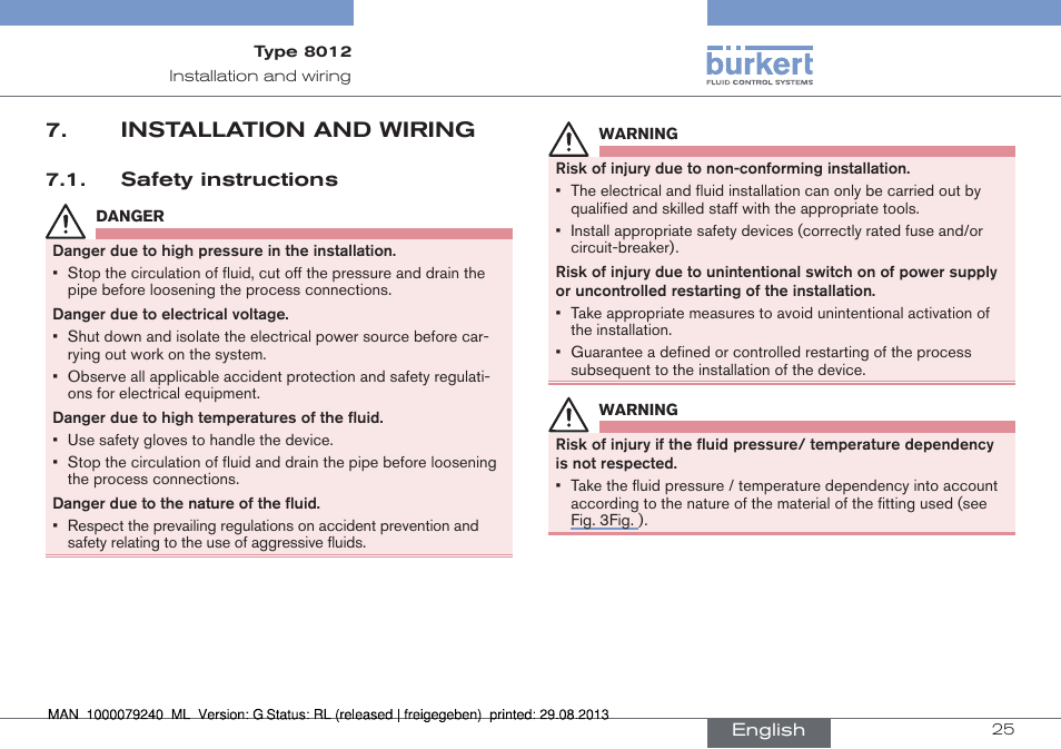 Installation and wiring, Safety instructions | Burkert Type 8012 User Manual | Page 25 / 136