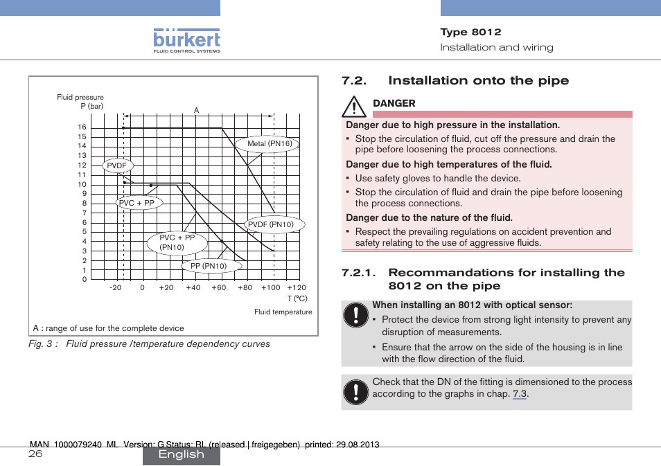 Installation onto the pipe, Recommendations for installing the 8012 on, The pipe | Burkert Type 8012 User Manual | Page 26 / 136