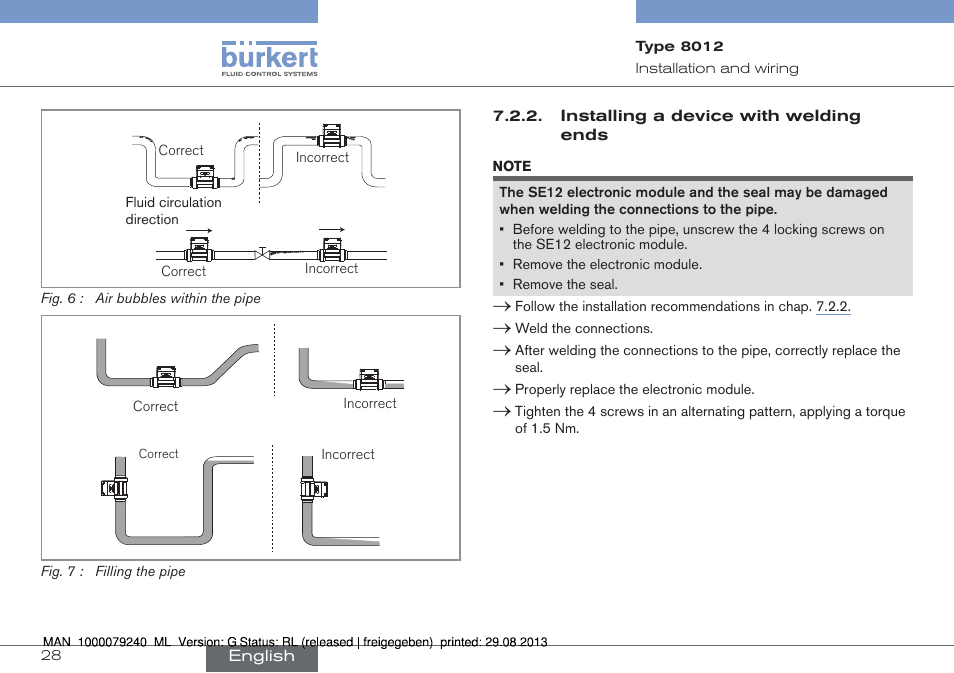 Installing a device with welding ends, Fig. 6), Fig. 7) | Burkert Type 8012 User Manual | Page 28 / 136